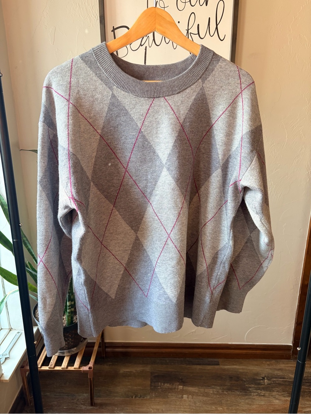 Tahari Gray Argyle Crewneck Sweater with Pink Trim